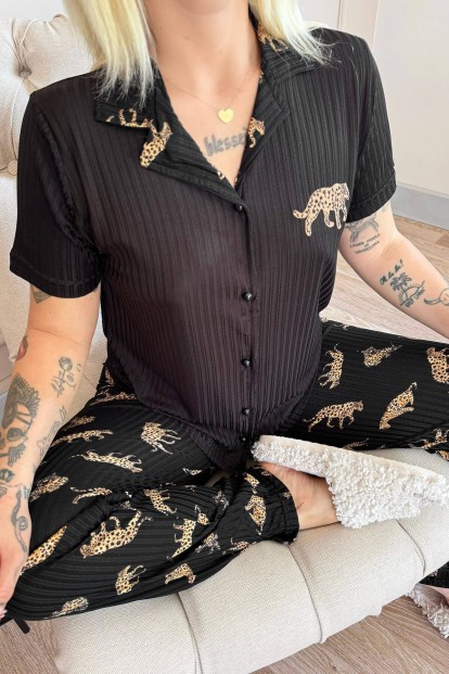 Siyah Leopar Desenli Zincir Önden Düğmeli Kısa Kol Kadın Pijama - 5