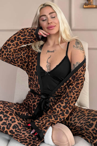 Siyah Leopard Luxe Exclusive Örme Sabahlıklı Kadın Pijama Takım 