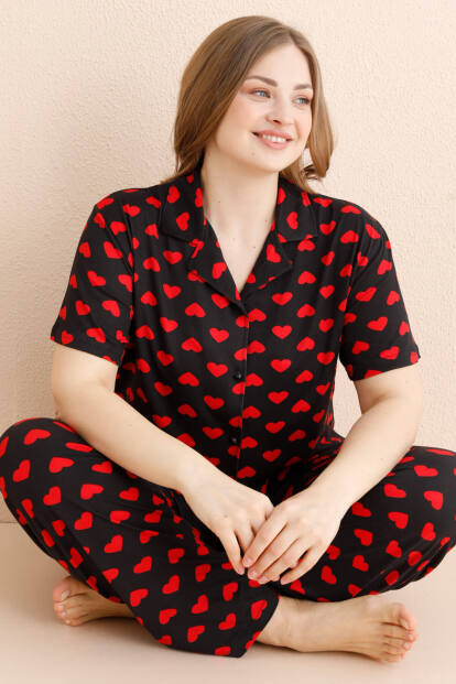 Siyah Nocturne Desenli Bambu Önden Düğmeli Kısa Kol Büyük Beden Battal Pijama Takımı - 1