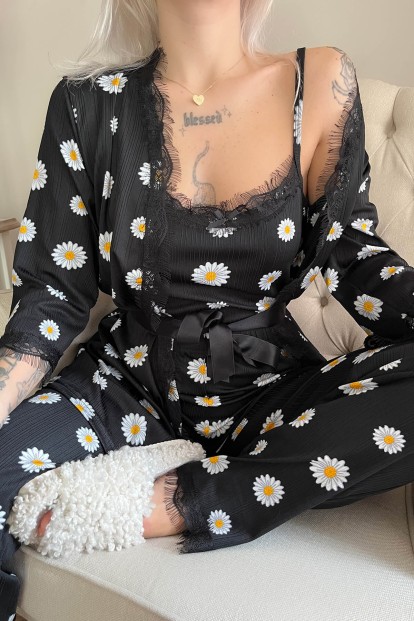 Siyah Papatya Papatya Desenli Sabahlıklı Pegasus Pijama Takımı - 4
