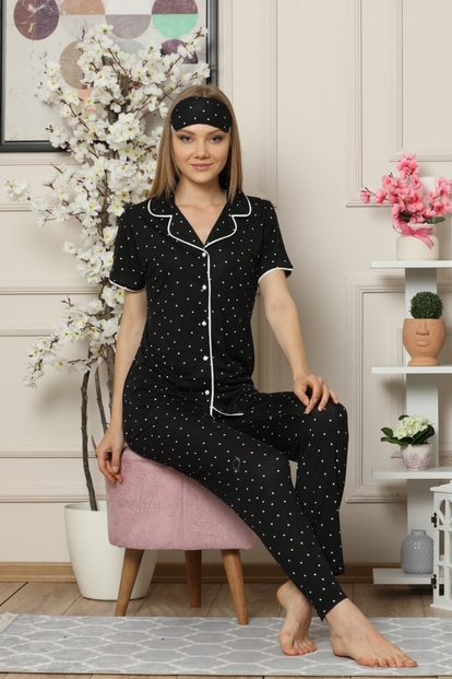 Siyah Puan Viskon Pamuk Önden Düğmeli Kısa Kollu Pijama Takımı - 1