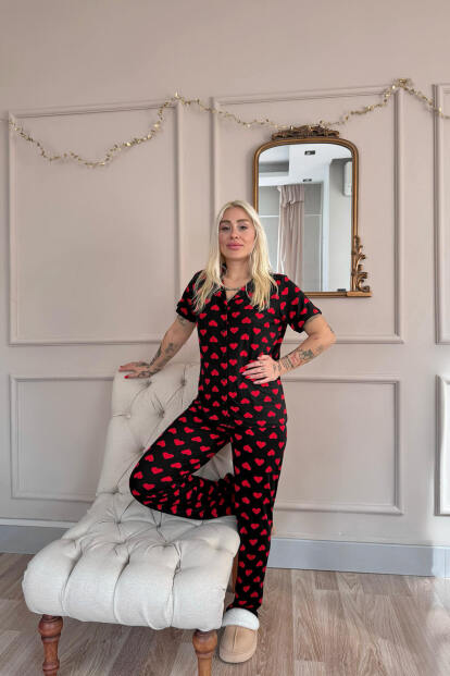 Siyah Royal Hearts Desenli Bambu Önden Düğmeli Kısa Kol Pijama Takımı - 6
