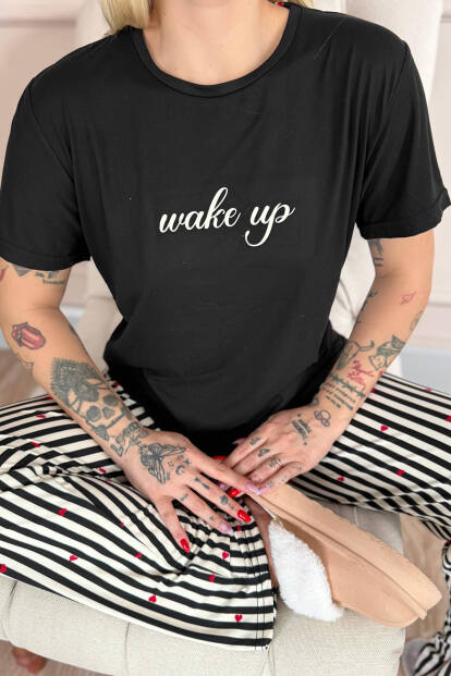 Siyah Wake Up Desenli Bambu Kısa Kol Kadın Pijama Takımı - 4