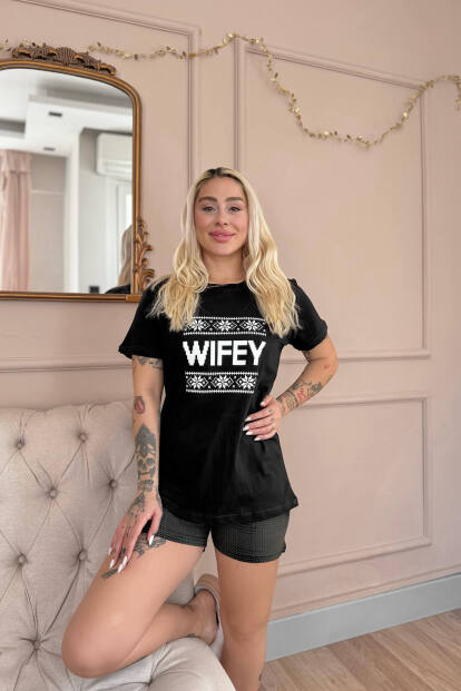 Siyah Wifey Şortlu Sevgili Aile Pijaması - Kadın Takımı - 3
