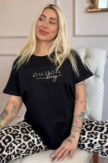 Siyah Wild Honey Desenli Pamuk Kısa Kollu Kadın Pijama Takımı 