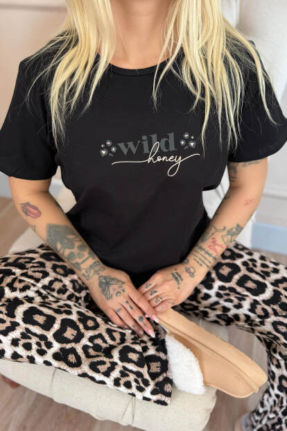 Siyah Wild Honey Desenli Pamuk Kısa Kollu Kadın Pijama Takımı - 5