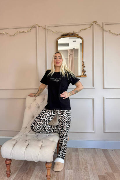 Siyah Wild Honey Desenli Pamuk Kısa Kollu Kadın Pijama Takımı - 6