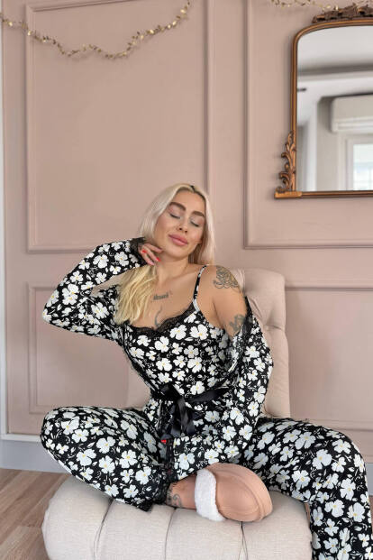 Siyah Yonca Desenli Sabahlıklı Pegasus Pijama Takımı - 3