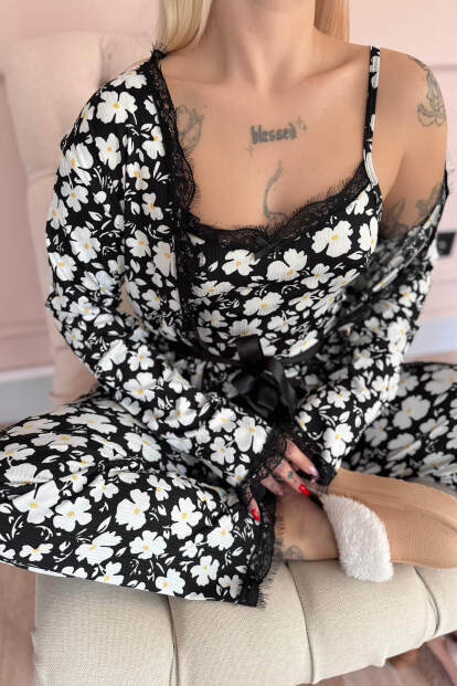 Siyah Yonca Desenli Sabahlıklı Pegasus Pijama Takımı - 4