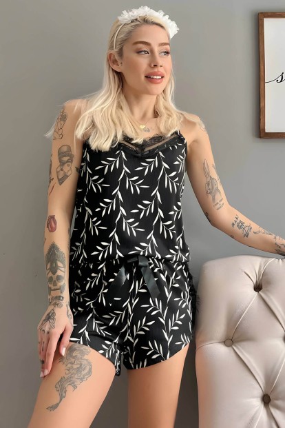 Siyah Zeytin Dalı Pegasus Dantel Detaylı İp Askı Şortlu Örme Pijama Takımı - Pijamaevi