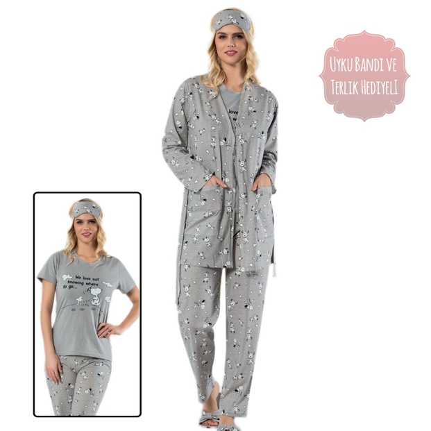 Snoopy Desenli Sabahlıklı Pijama Takımı - 3