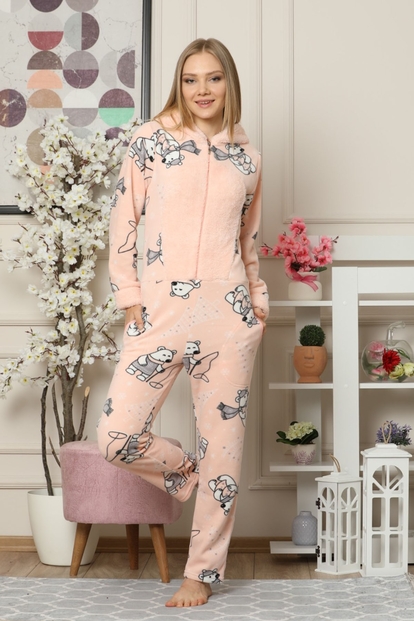 Somon Bear Desenli Kadın Polar Peluş Tulum Pijama Takımı - 1