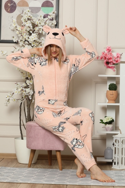 Somon Bear Desenli Kadın Polar Peluş Tulum Pijama Takımı - 2