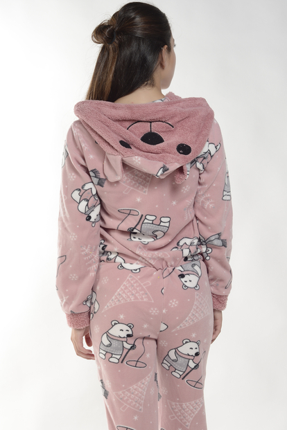 Somon Bear Desenli Kadın Polar Peluş Tulum Pijama Takımı - 4