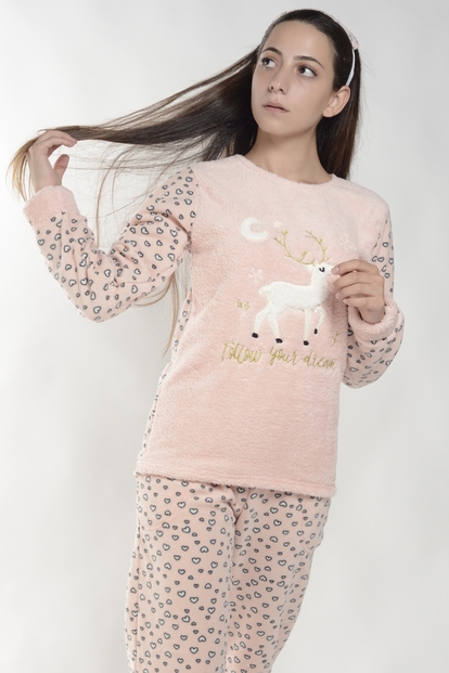 Somon Geyik Desenli Kadın Peluş Pijama Takımı - 1