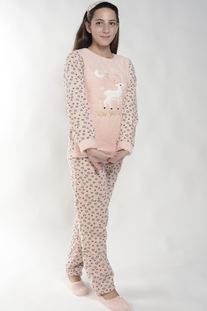Somon Geyik Desenli Kadın Peluş Pijama Takımı - 2