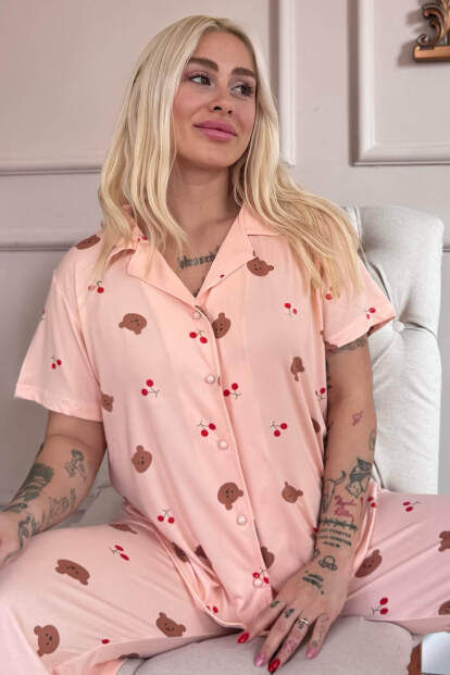 Somon Honey Bear Desenli Bambu Önden Düğmeli Kısa Kol Pijama Takımı 