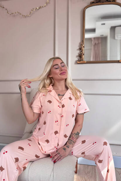 Somon Honey Bear Desenli Bambu Önden Düğmeli Kısa Kol Pijama Takımı - 2