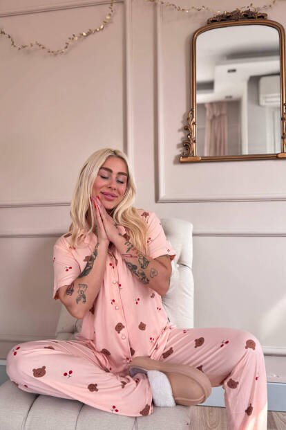 Somon Honey Bear Desenli Bambu Önden Düğmeli Kısa Kol Pijama Takımı - 3