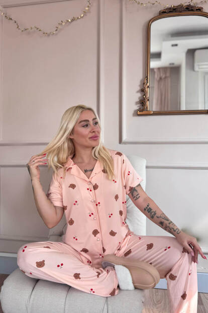 Somon Honey Bear Desenli Bambu Önden Düğmeli Kısa Kol Pijama Takımı - 4