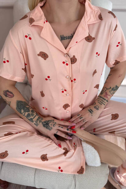 Somon Honey Bear Desenli Bambu Önden Düğmeli Kısa Kol Pijama Takımı - 5