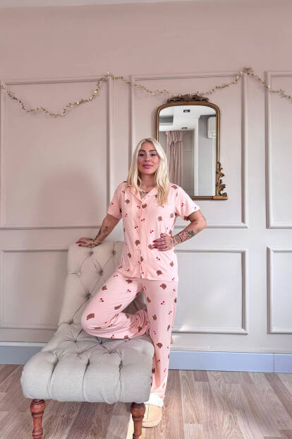 Somon Honey Bear Desenli Bambu Önden Düğmeli Kısa Kol Pijama Takımı - 6