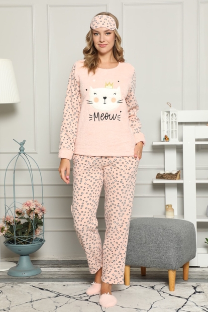 Somon Kedi Desenli Kadın Peluş Pijama Takımı - 2