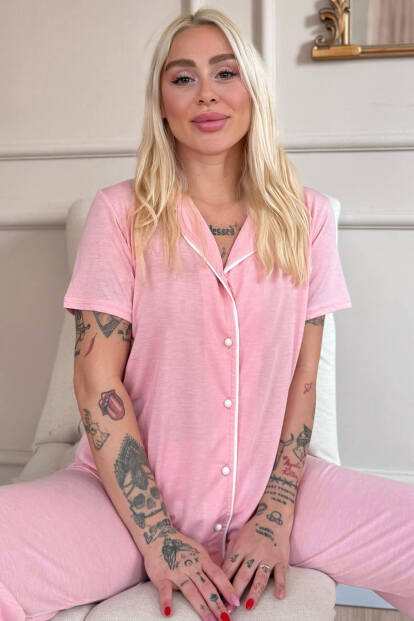 Somon Sofistic Önden Düğmeli Kısa Kol Kadın Pijama Takımı 