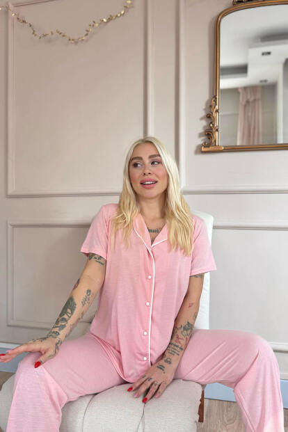 Somon Sofistic Önden Düğmeli Kısa Kol Kadın Pijama Takımı - 2