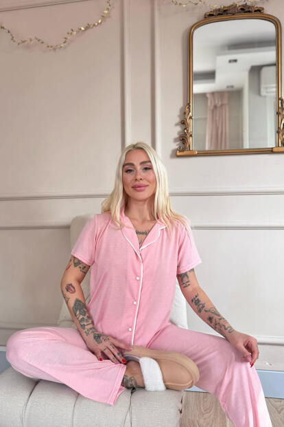 Somon Sofistic Önden Düğmeli Kısa Kol Kadın Pijama Takımı - 3