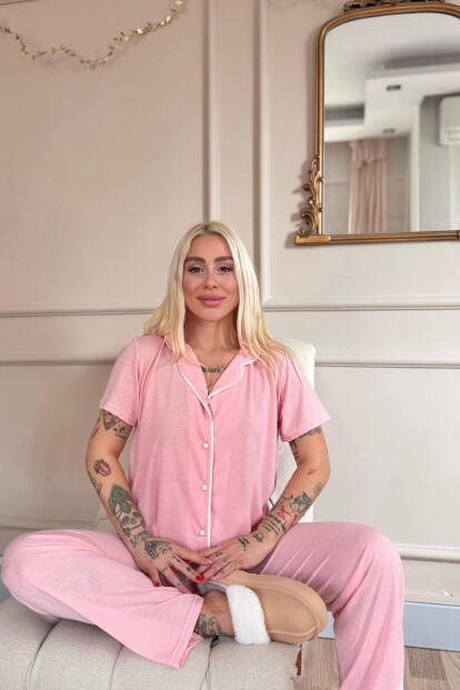 Somon Sofistic Önden Düğmeli Kısa Kol Kadın Pijama Takımı - 4