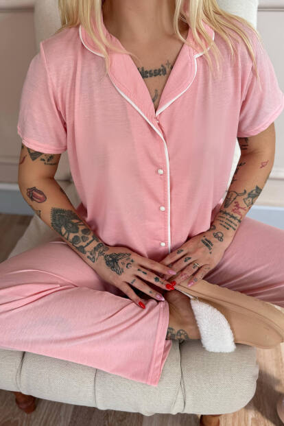 Somon Sofistic Önden Düğmeli Kısa Kol Kadın Pijama Takımı - 6