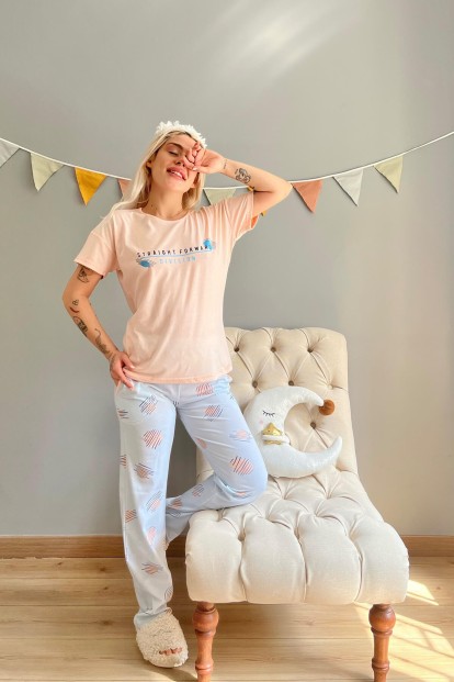 Somon Straight Baskılı Kısa Kollu Kadın Pijama Takımı - 5