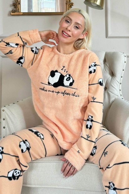 Somon Zzz Wake Desenli Kadın Peluş Pijama Takımı - Pijamaevi