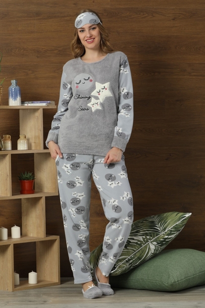 Stars Desenli Kadın Peluş Pijama Takımı - 1