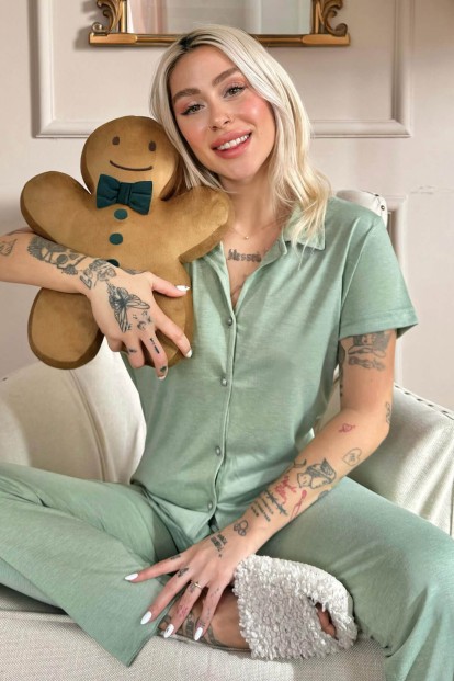 Su Yeşili Önden Düğmeli Kısa Kol Örme Kadın Pijama - 1