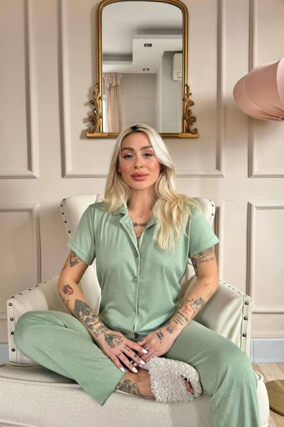Su Yeşili Önden Düğmeli Kısa Kol Örme Kadın Pijama - 3