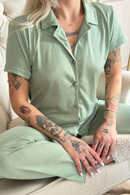 Su Yeşili Önden Düğmeli Kısa Kol Örme Kadın Pijama - 5