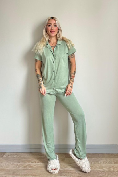 Su Yeşili Önden Düğmeli Kısa Kol Örme Kadın Pijama - 6