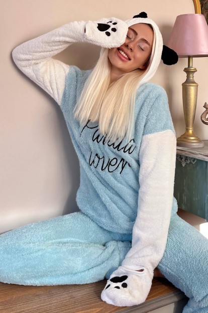 Su Yeşili Panda Lover Desenli Tam Peluş Pijama Takımı - Pijamaevi
