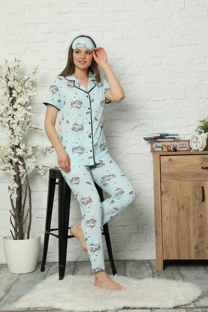 Su Yeşili Star Cat Desenli Önden Düğmeli Kısa Kollu Pijama Takımı - 1