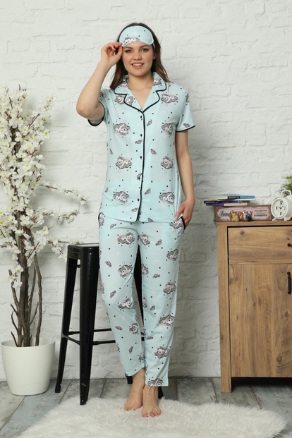 Su Yeşili Star Cat Desenli Önden Düğmeli Kısa Kollu Pijama Takımı - 2