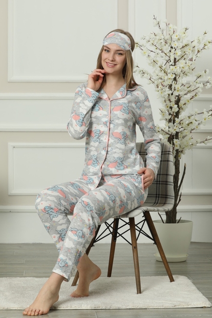 Swim Cloud Desenli Önden Düğmeli Uzun Kollu Pijama Takımı - 1