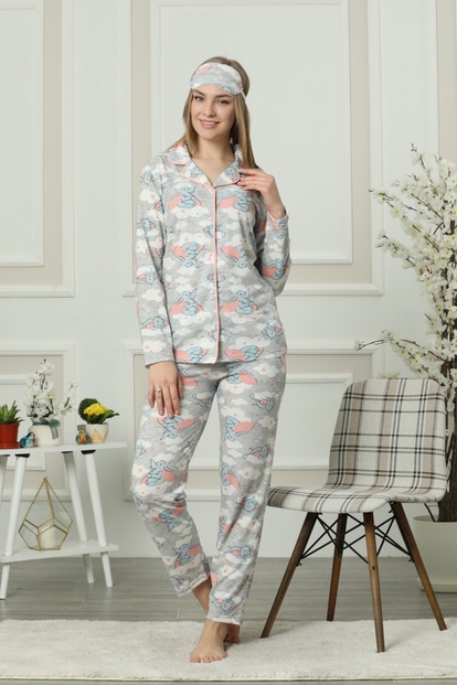Swim Cloud Desenli Önden Düğmeli Uzun Kollu Pijama Takımı - 2
