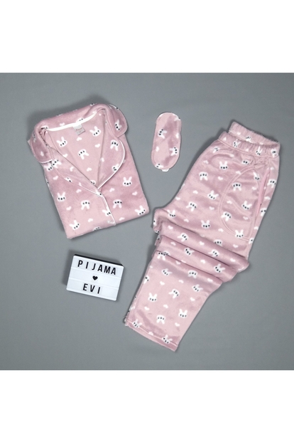Tavşan Desenli Kadın Önden Düğmeli Yumoş Peluş Pijama Takımı - 2