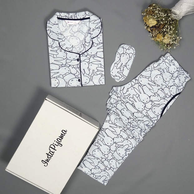 Tavşan Desenli Önden Düğmeli Kısa Kollu Pijama Takımı - 2