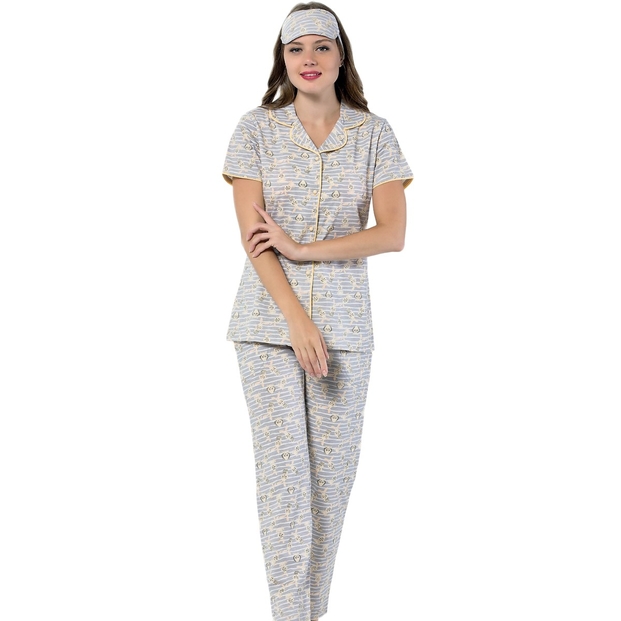 Tavşan Desenli Önden Düğmeli Kısa Kollu Pijama Takımı - 1