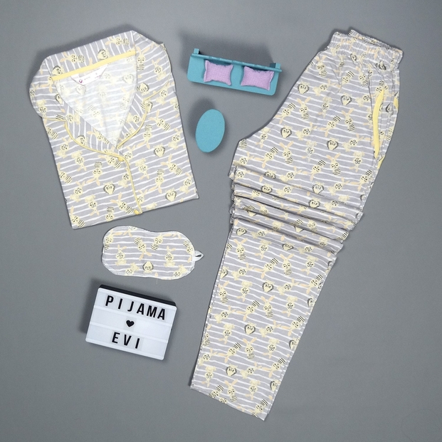 Tavşan Desenli Önden Düğmeli Kısa Kollu Pijama Takımı - 2