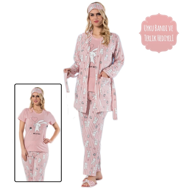 Tavşan Desenli Sabahlıklı Pijama Takımı - 3