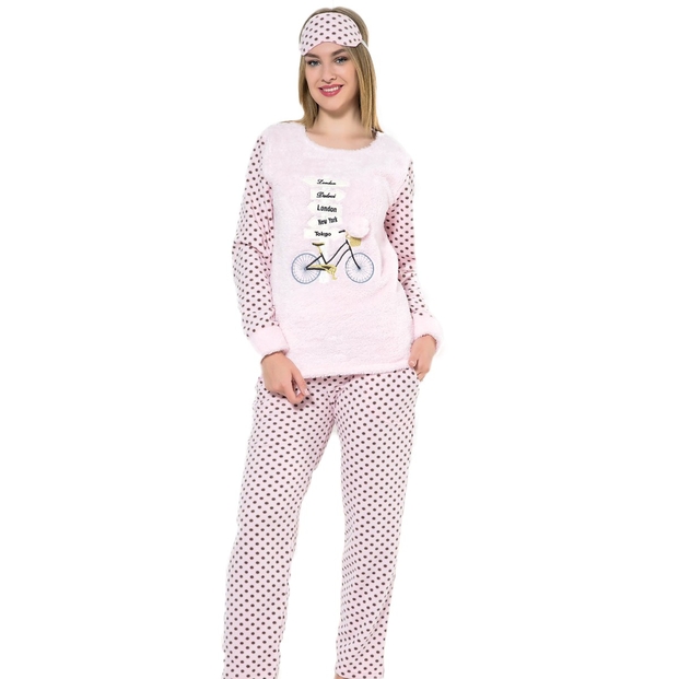 Toz Pembe Bisiklet Desenli Kadın Peluş Pijama Takımı - 2